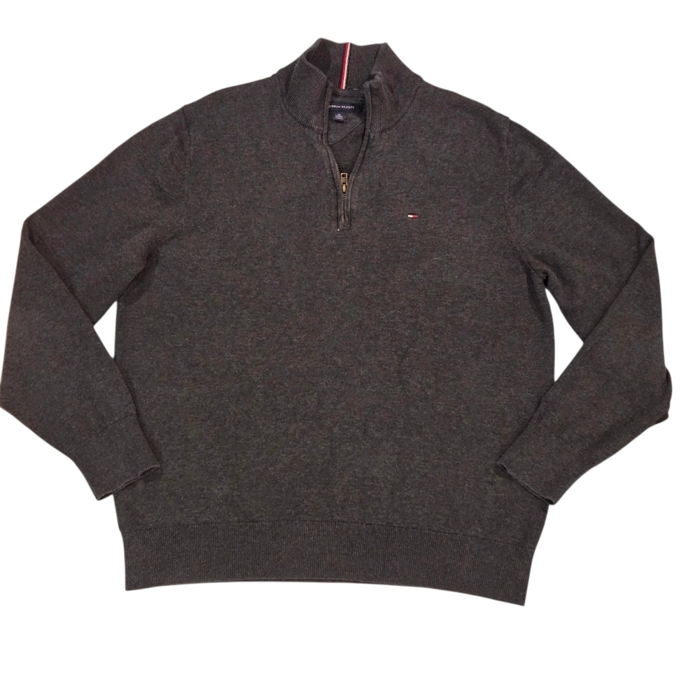 Tommy Hilfiger Men's Quarter Zip Sweater Pullover Charcoal Grey Heather Size XL
